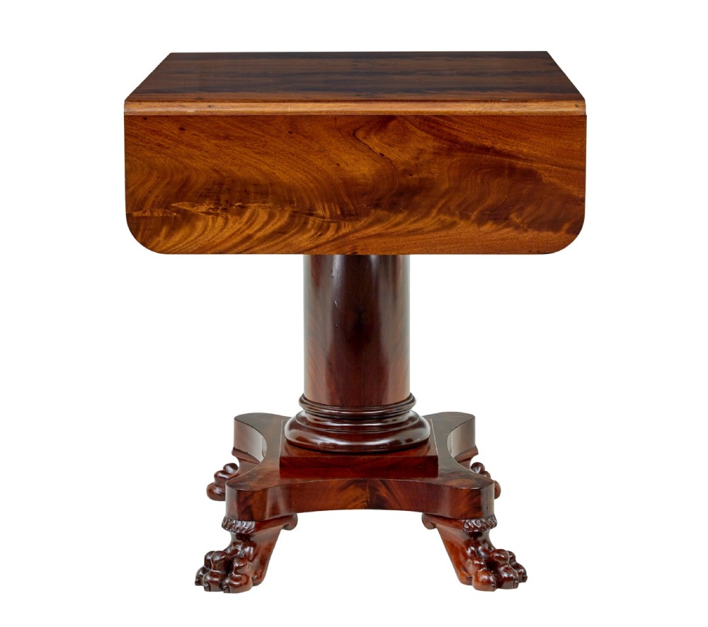 An early 20th-century Scandinavian Empire Revival mahogany sofa table featuring drop leaves, a single frieze drawer, a central cylindrical pedestal, and carved paw feet. View V