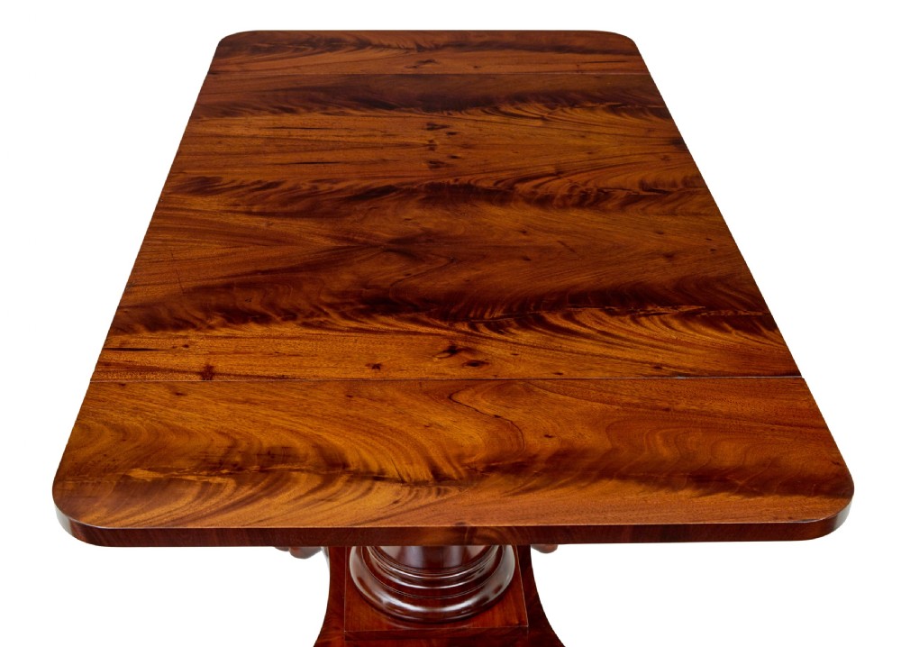 An early 20th-century Scandinavian Empire Revival mahogany sofa table featuring drop leaves, a single frieze drawer, a central cylindrical pedestal, and carved paw feet. View VI