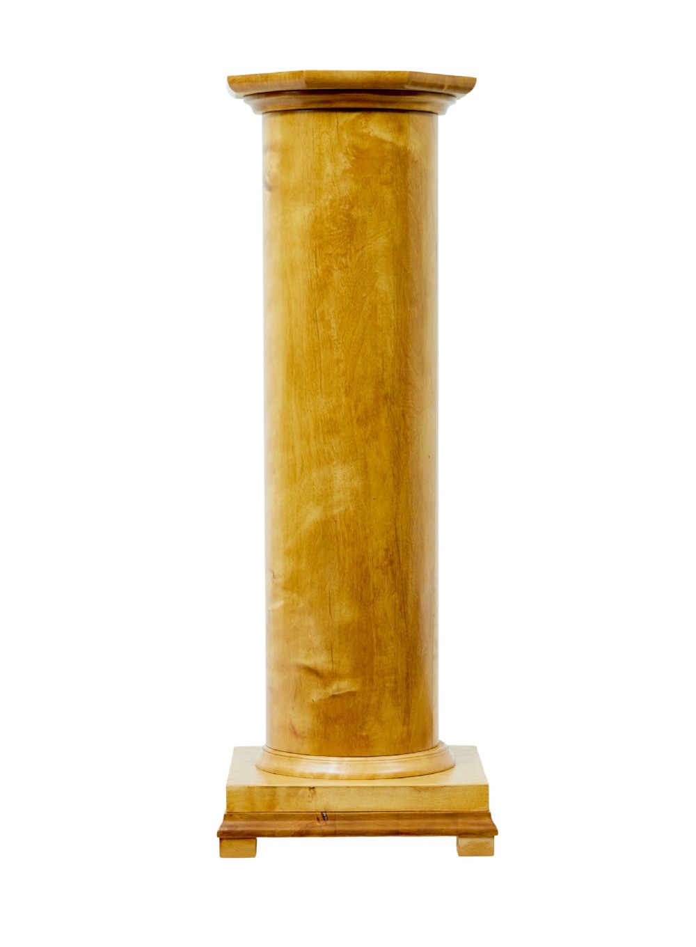 An early 20th-century Swedish Empire Revival pedestal crafted from satin birch with a smooth cylindrical column shaft and stepped square plinth base.