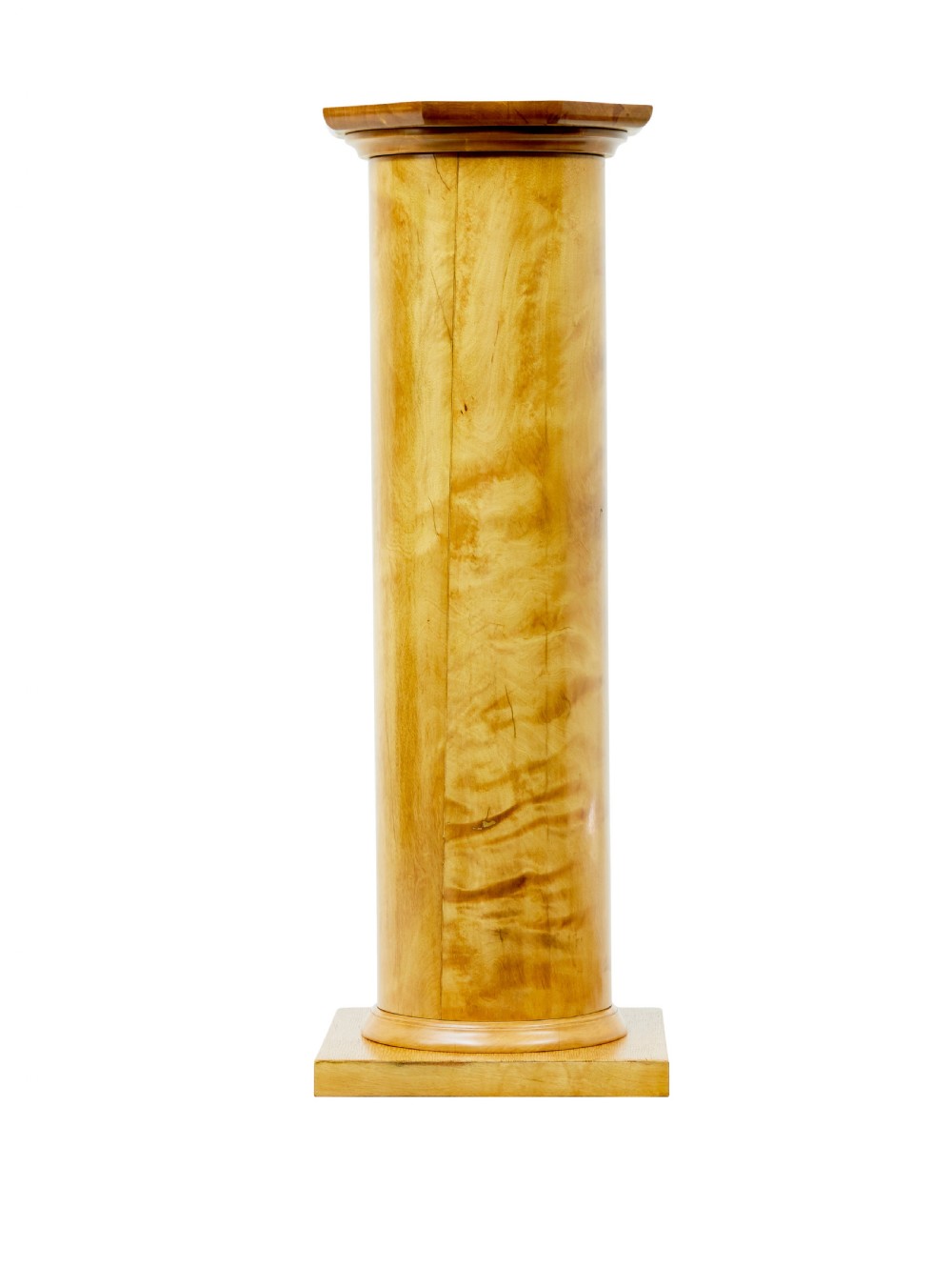 An early 20th-century Swedish Empire Revival pedestal crafted from satin birch with a smooth cylindrical column shaft and stepped square plinth base. View II