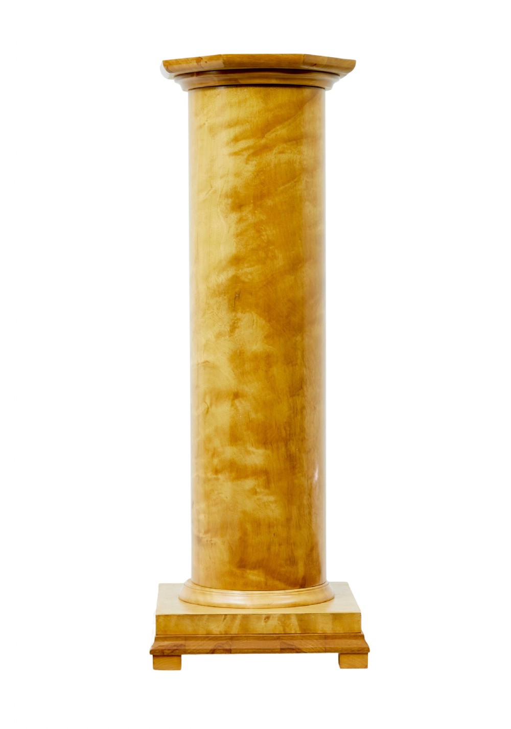 An early 20th-century Swedish Empire Revival pedestal crafted from satin birch with a smooth cylindrical column shaft and stepped square plinth base. View III