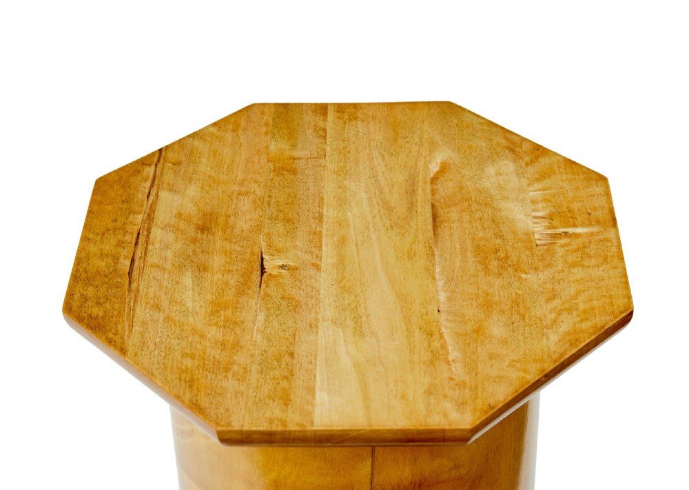An early 20th-century Swedish Empire Revival pedestal crafted from satin birch with a smooth cylindrical column shaft and stepped square plinth base. View V