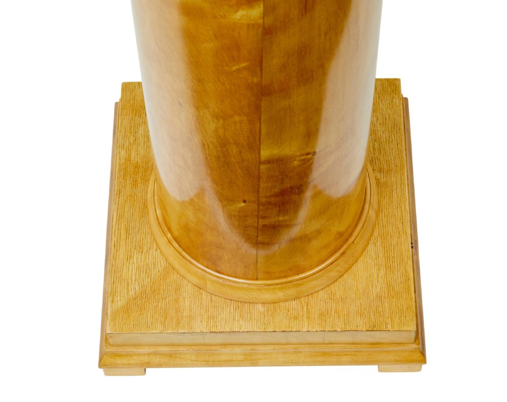 An early 20th-century Swedish Empire Revival pedestal crafted from satin birch with a smooth cylindrical column shaft and stepped square plinth base. View VI