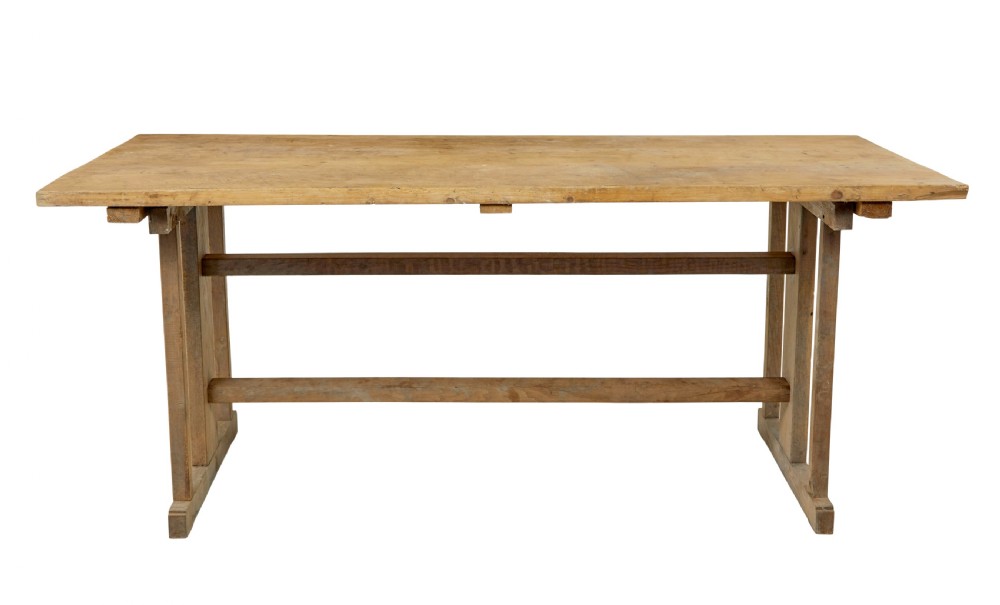 A 19th-century Swedish oak and pine trestle table with a flat rectangular top and timber stretcher base. View II