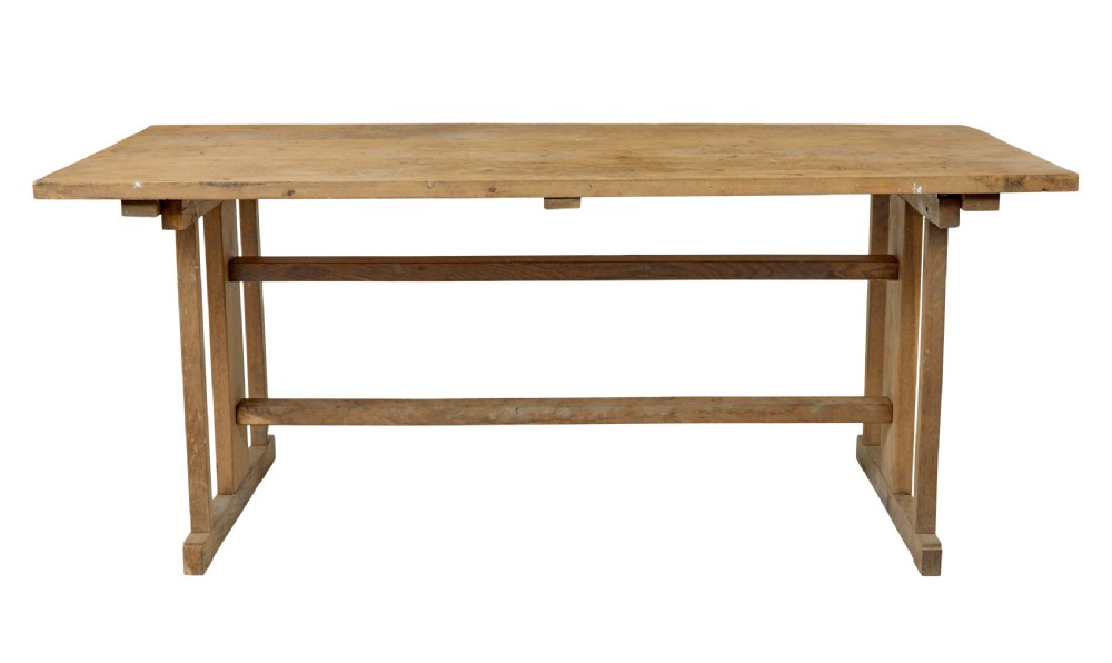 A 19th-century Swedish oak and pine trestle table with a flat rectangular top and timber stretcher base. View III