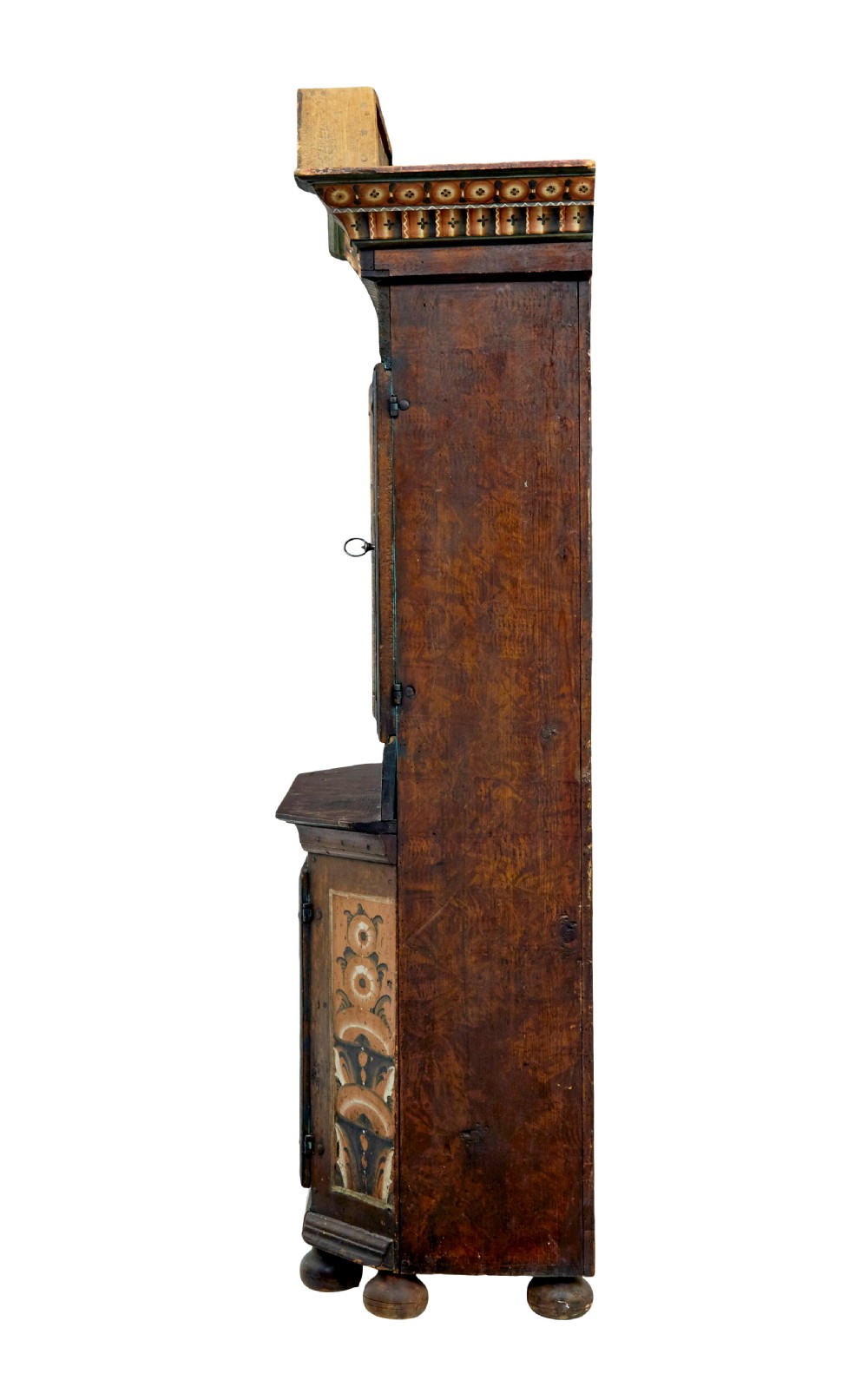 An early nineteenth-century Swedish painted wooden cupboard featuring floral folk art motifs, a shaped cornice dated 1804, and turned bun feet. View IX
