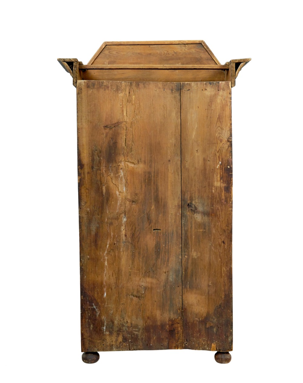 An early nineteenth-century Swedish painted wooden cupboard featuring floral folk art motifs, a shaped cornice dated 1804, and turned bun feet. View X