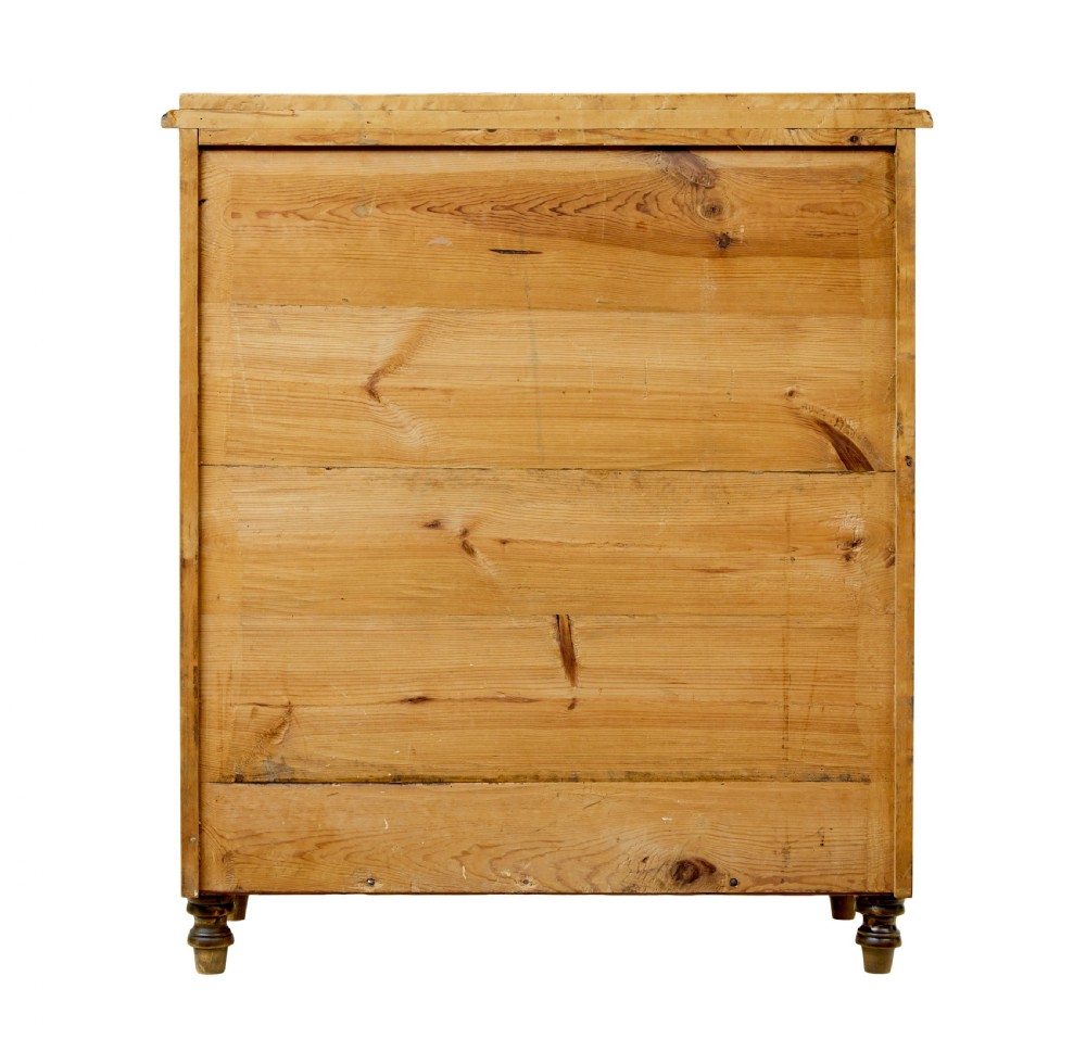 A 19th-century Swedish birch chest featuring five graduated drawers with keyhole escutcheons, rope-carved moulding under the top edge, and turned feet. View VI