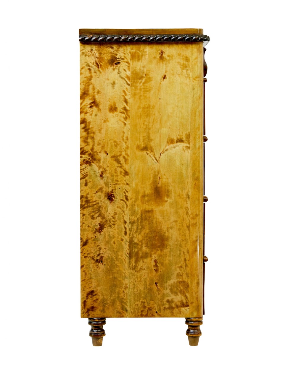 A 19th-century Swedish birch chest featuring five graduated drawers with keyhole escutcheons, rope-carved moulding under the top edge, and turned feet. View VII
