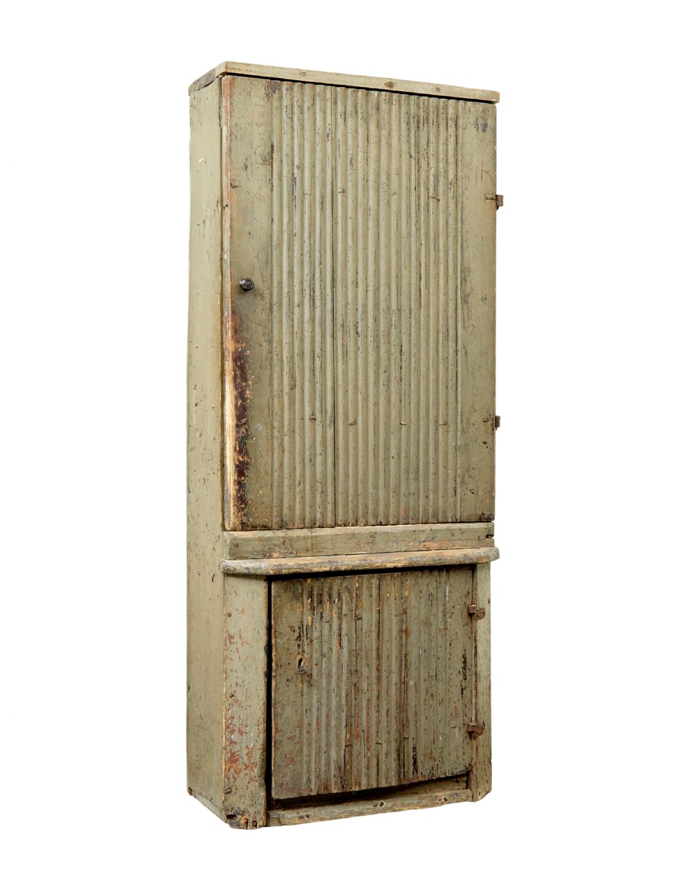 A tall early 19th-century Scandinavian pine cupboard featuring two doors with reeded panelling and a distressed pale green painted finish.