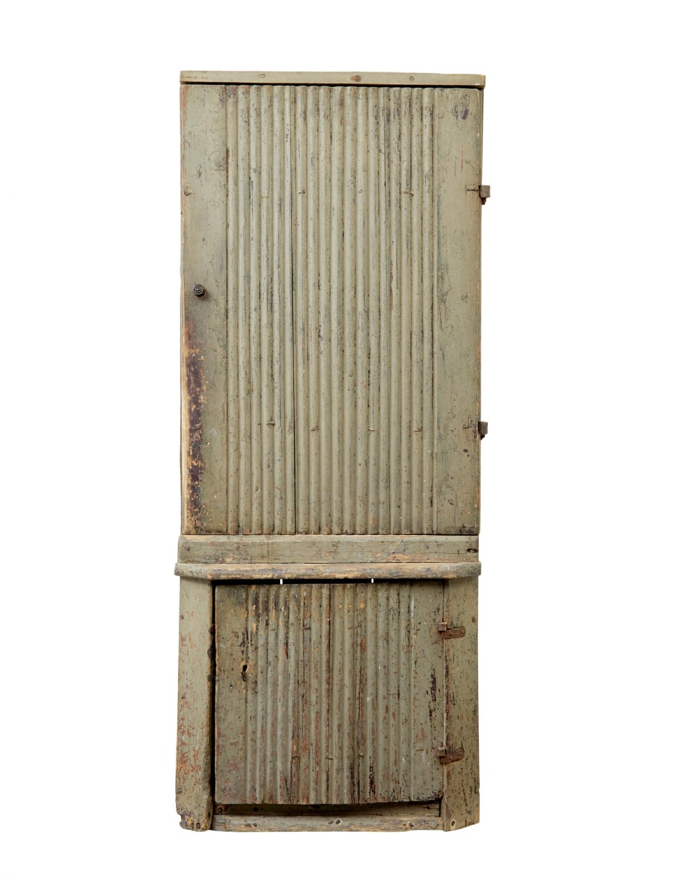 A tall early 19th-century Scandinavian pine cupboard featuring two doors with reeded panelling and a distressed pale green painted finish. View IV