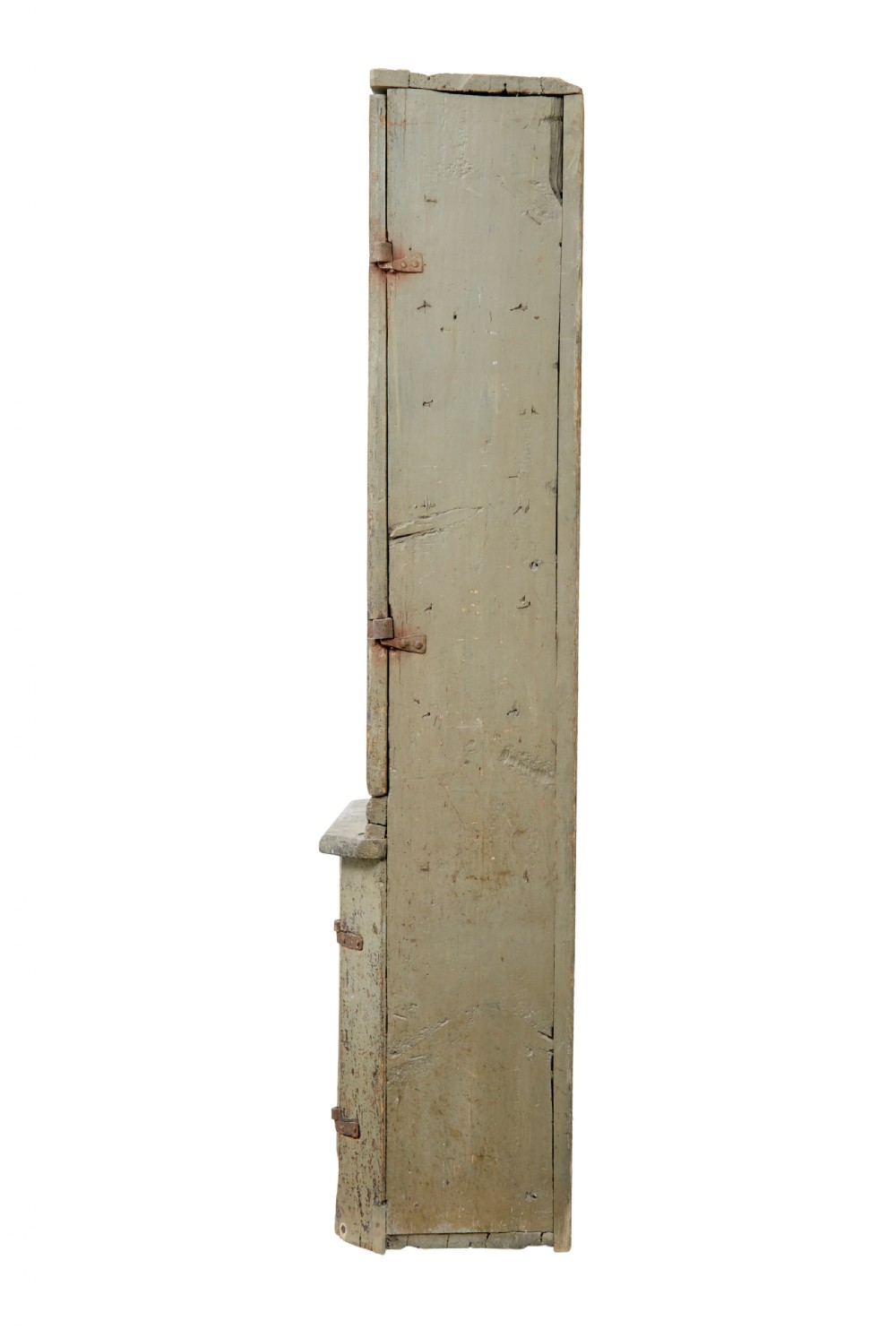 A tall early 19th-century Scandinavian pine cupboard featuring two doors with reeded panelling and a distressed pale green painted finish. View V