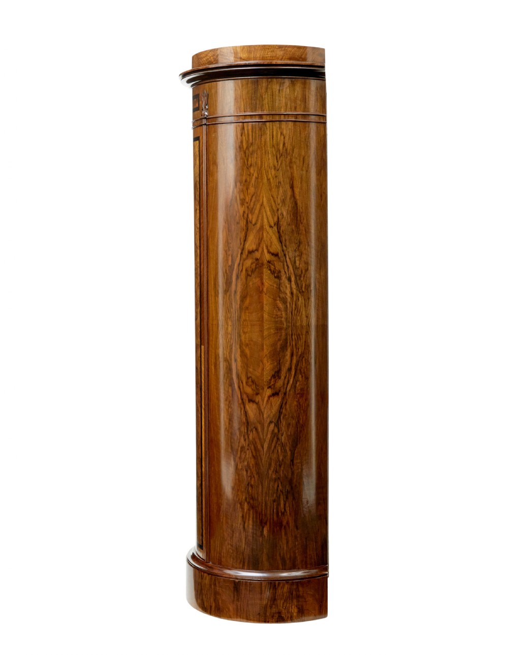 A 19th-century cylindrical burr walnut pedestal cupboard featuring geometric dark stringing and a single door with a key. View III