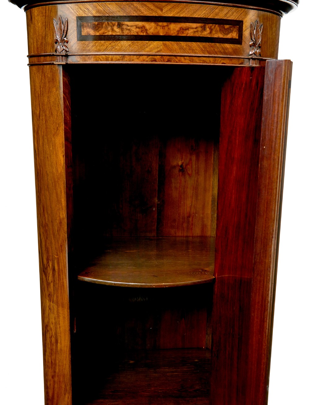 A 19th-century cylindrical burr walnut pedestal cupboard featuring geometric dark stringing and a single door with a key. View VII