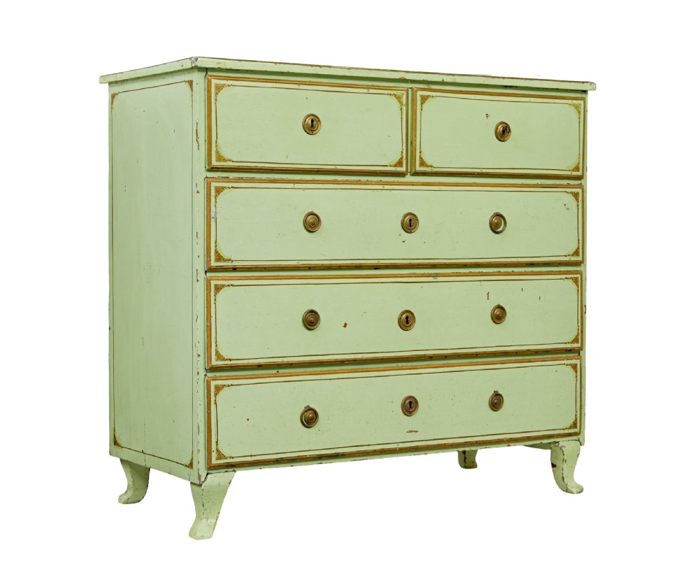 A 19th-century Swedish sage green painted pine chest of drawers with two short drawers over three long drawers and brass keyhole escutcheons.