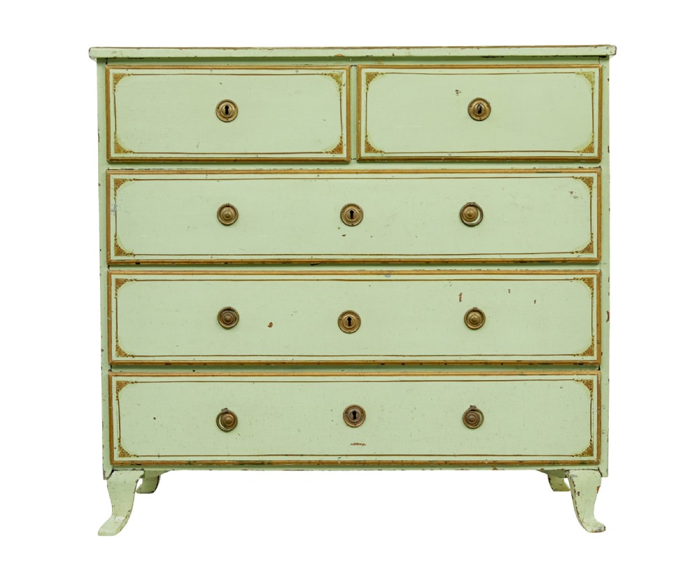 A 19th-century Swedish sage green painted pine chest of drawers with two short drawers over three long drawers and brass keyhole escutcheons. View V