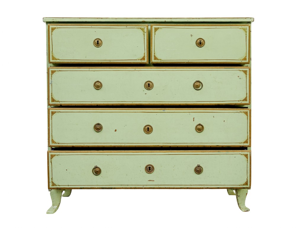A 19th-century Swedish sage green painted pine chest of drawers with two short drawers over three long drawers and brass keyhole escutcheons. View VI