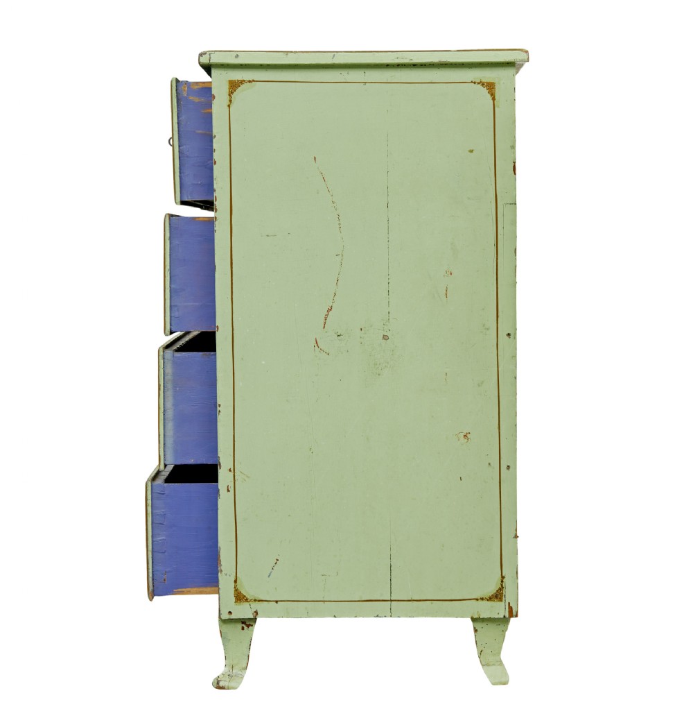 A 19th-century Swedish sage green painted pine chest of drawers with two short drawers over three long drawers and brass keyhole escutcheons. View VII