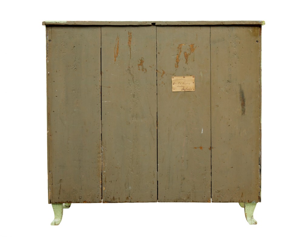 A 19th-century Swedish sage green painted pine chest of drawers with two short drawers over three long drawers and brass keyhole escutcheons. View VIII