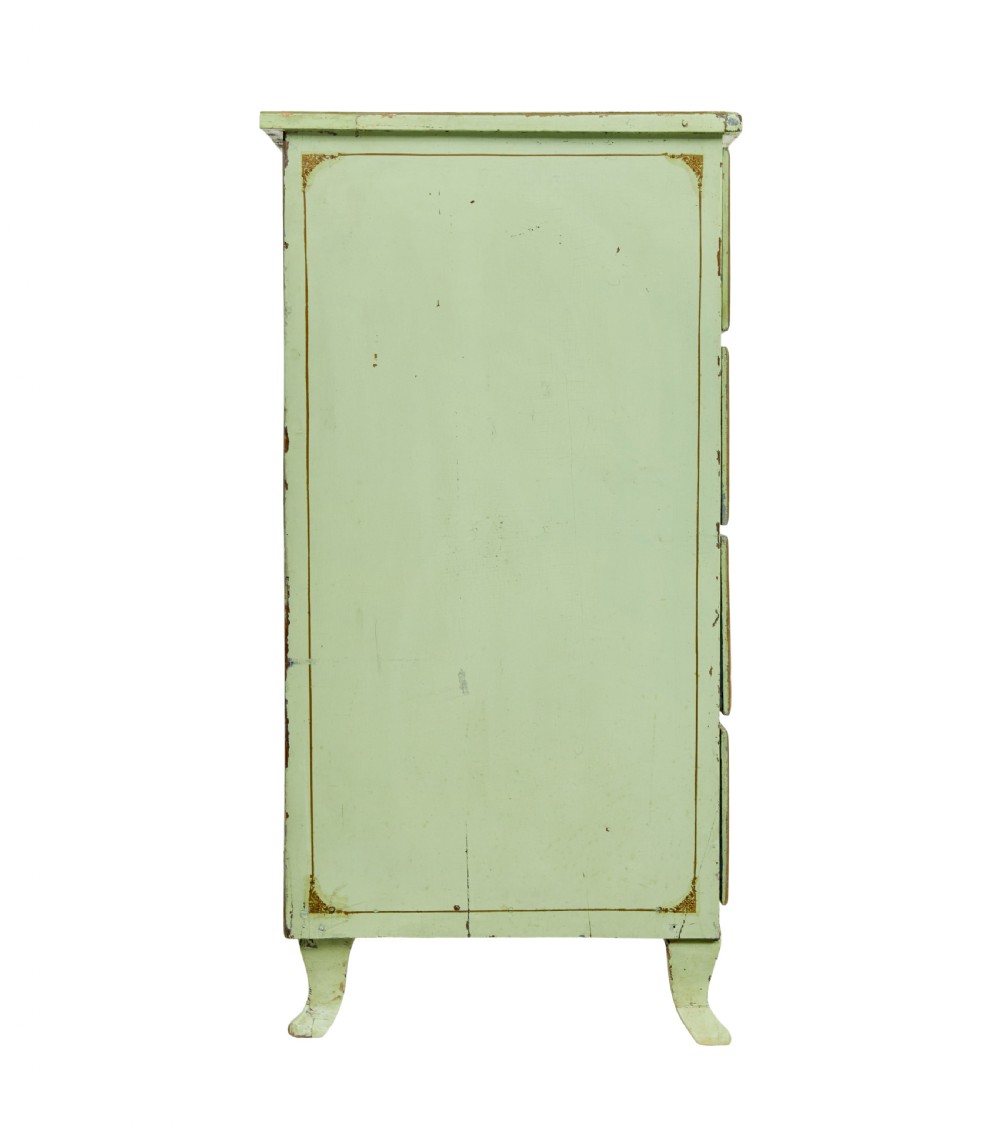 A 19th-century Swedish sage green painted pine chest of drawers with two short drawers over three long drawers and brass keyhole escutcheons. View IX