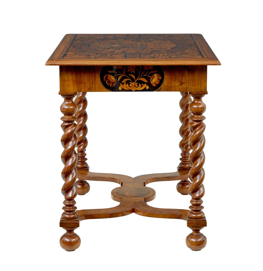 A 19th-century rectangular walnut table featuring intricate floral marquetry inlay on the top surface, a single drawer, four spiral twist legs, and a shaped stretcher. View IV