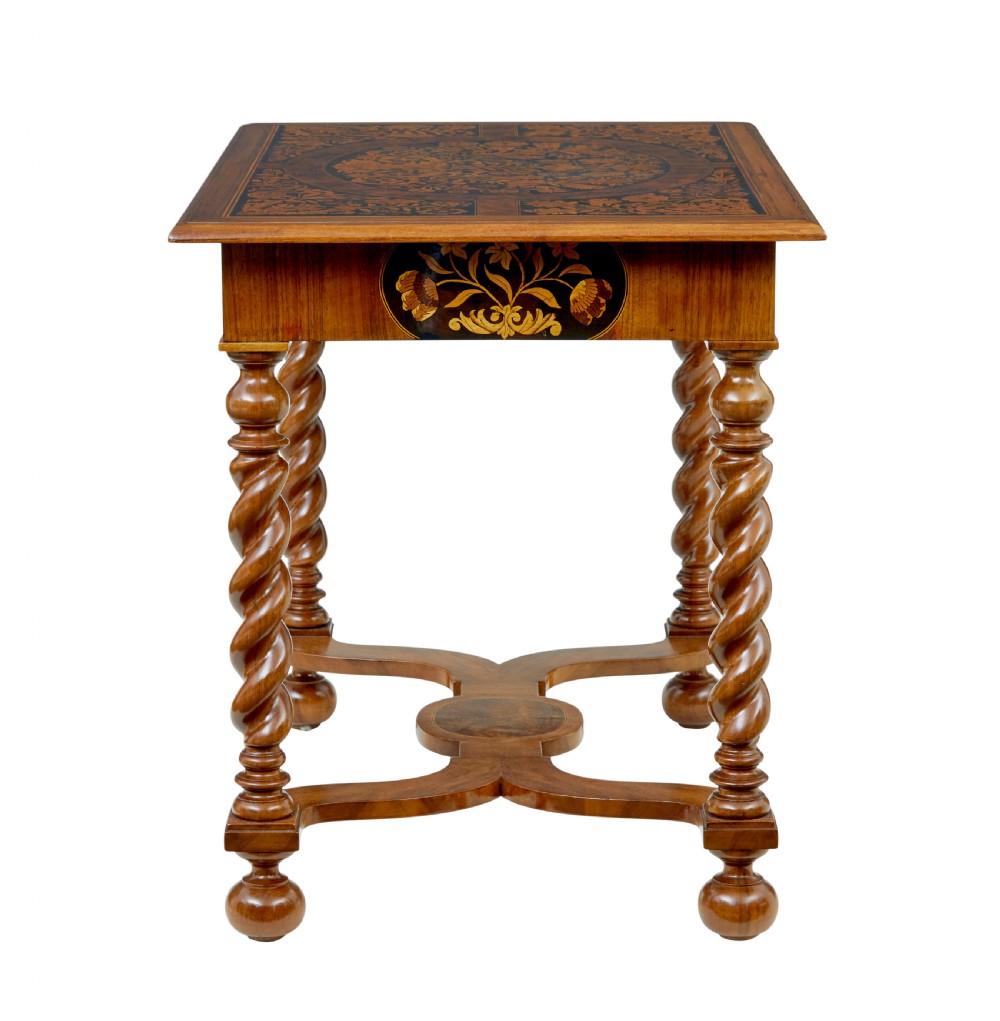 A 19th-century rectangular walnut table featuring intricate floral marquetry inlay on the top surface, a single drawer, four spiral twist legs, and a shaped stretcher. View V