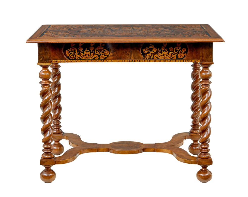 A 19th-century rectangular walnut table featuring intricate floral marquetry inlay on the top surface, a single drawer, four spiral twist legs, and a shaped stretcher. View VI