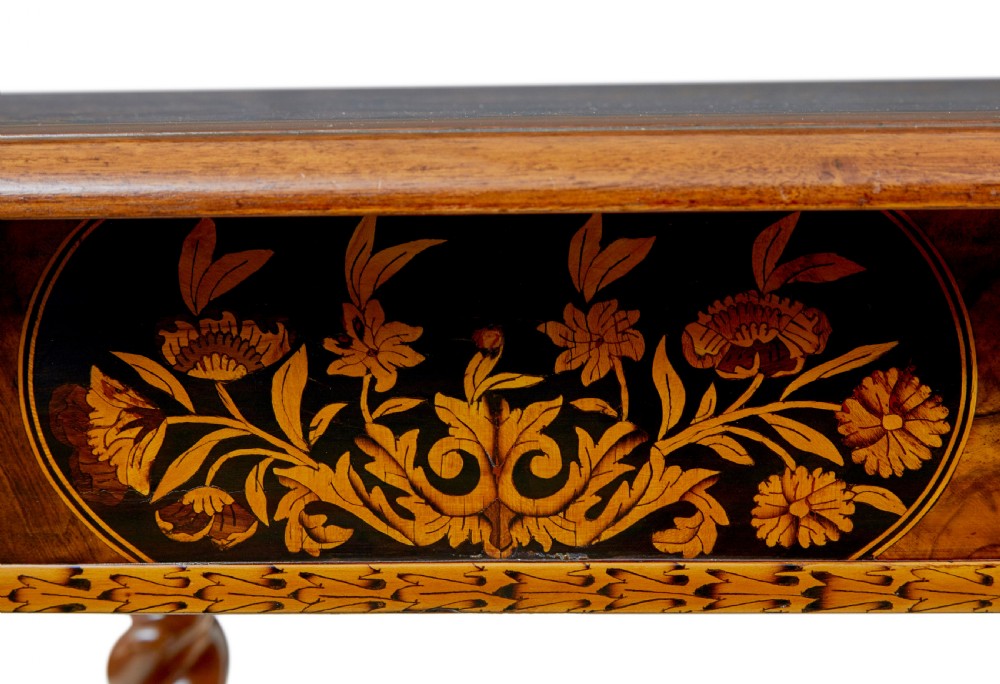 A 19th-century rectangular walnut table featuring intricate floral marquetry inlay on the top surface, a single drawer, four spiral twist legs, and a shaped stretcher. View VII