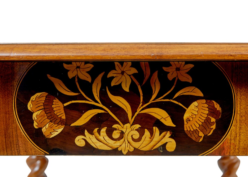 A 19th-century rectangular walnut table featuring intricate floral marquetry inlay on the top surface, a single drawer, four spiral twist legs, and a shaped stretcher. View VIII