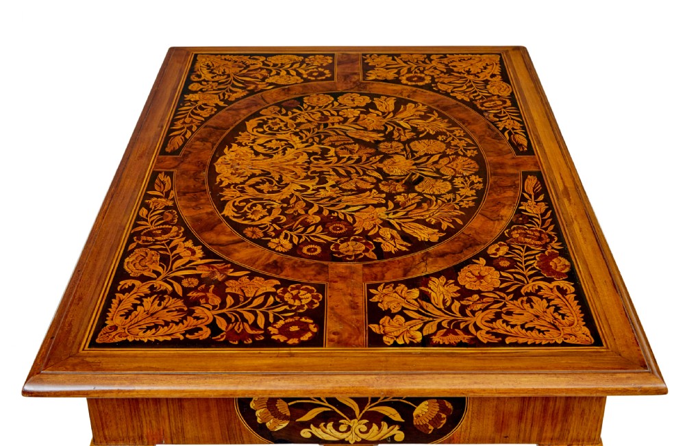 A 19th-century rectangular walnut table featuring intricate floral marquetry inlay on the top surface, a single drawer, four spiral twist legs, and a shaped stretcher. View IX