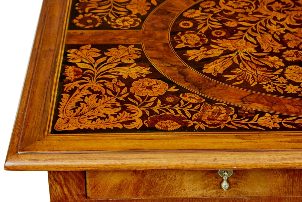 A 19th-century rectangular walnut table featuring intricate floral marquetry inlay on the top surface, a single drawer, four spiral twist legs, and a shaped stretcher. View X