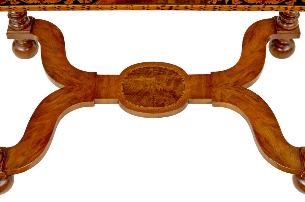 A 19th-century rectangular walnut table featuring intricate floral marquetry inlay on the top surface, a single drawer, four spiral twist legs, and a shaped stretcher. View XII