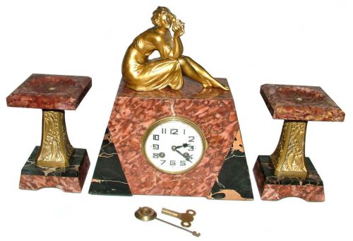 1930'S Art Deco Marble Clock Set