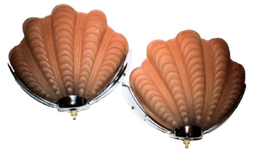 1930s Art Deco Pair of Soft Coral Shell Wall Lights or Sconces