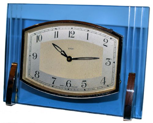 English 1930s Art Deco Blue Glass and Chrome Clock by Enfield