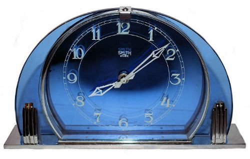 English Blue Glass Art Deco Clock by Smiths