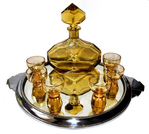 1930s Art Deco Czech Amber Glass Decanter Set