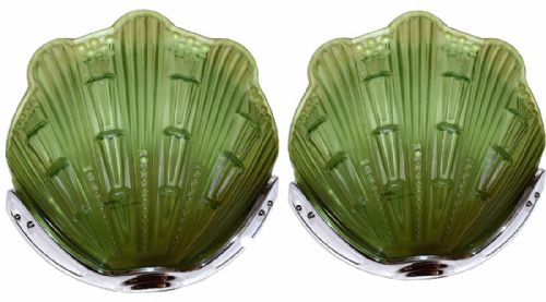 Large 1930'S Art Deco Pair of Green Glass Wall Lights