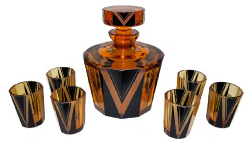 1930s Art Deco Amber Glass Decanter Set