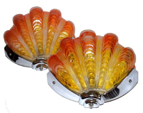 Pair Art Deco Tomatoe & Yellow Shell Wall Lights