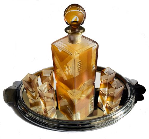 Art Deco Czech Glass Decanter Set and Glasses