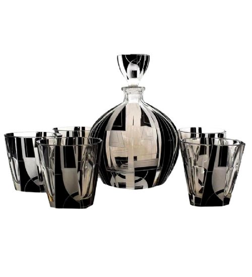 Art Deco Whisky Glass and Enamel Decanter Set
