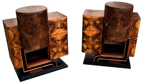 Art Deco Italian Pair of Matching Bedside Table Cabinets in Walnut