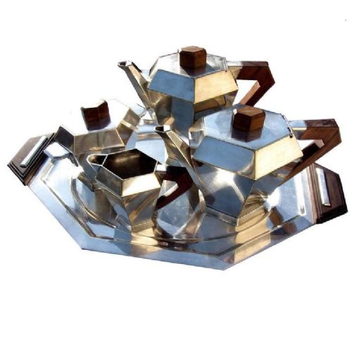 French Art Deco Cubist Silvered Plated Tea Set by Noel Collet
