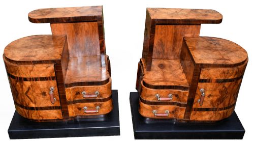 Art Deco Italian Pair of Matching Bedside Table Cabinets in Walnut