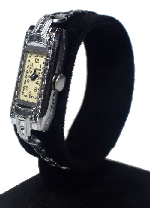 fig 1. 1931 Ladies Bulova Art Deco 10K White Gold Watch