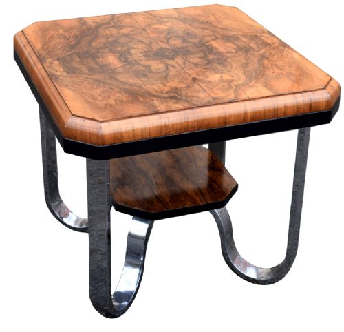 English Modernist Art Deco Occasional Table in Walnut and Chrome