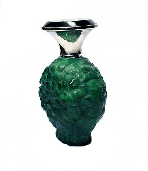Art Deco Green Malachite Glass & Silver Perfume Bottle