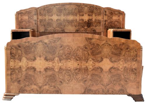 Original 1930s Art Deco Odeon Walnut Double Bed with Integral Cabinets