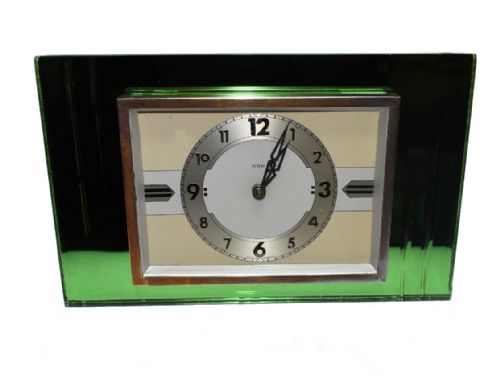 1930'S Art Deco Green Mirror and Chrome Clock with 8 Day Movement